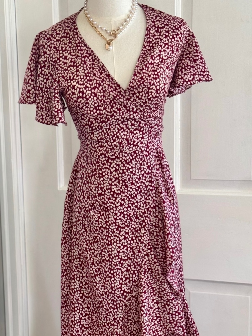 Burgundy polka-dot wrap summer dress